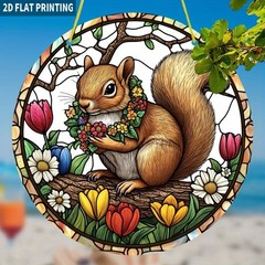 Flower Crowned Squirrel Acrylic Suncatchers Wall Decor Spring Garden Home Accent