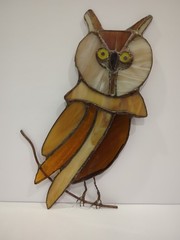 Handcrafted Stained Glass Owl Hook for Hanging. Tans Amber Brown Glass. 10 Inch