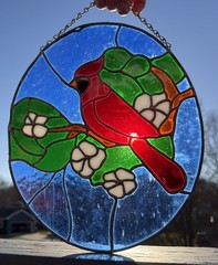 Suncatcher Cardinal Bird Tree Branch and Green Leaves 12×10 Oval Red Green Blue