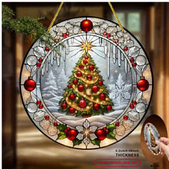 Large Snowy Christmas Tree Stained Glass Look Suncatcher, Acrylic, 8″