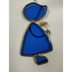 Vintage Blue Stained Glass Girl Bonnet Bouquet Sun Catcher Cottagecore