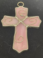 3” Stained Glass Cross Ornament Window Hanger Pink Glass Silver Wire Work