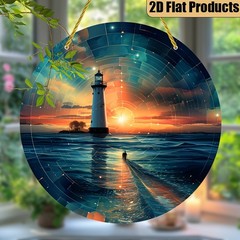Ocean Sunset Lighthouse Silhouette Sea Wave Round Acrylic Suncatcher Decor