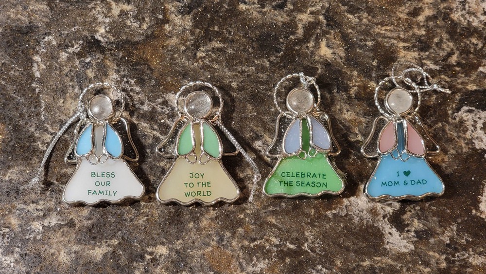 (4) Vintage 2 1/4″ Tiny Angel Handmade Leaded Stained Glass Ornament Suncatcher
