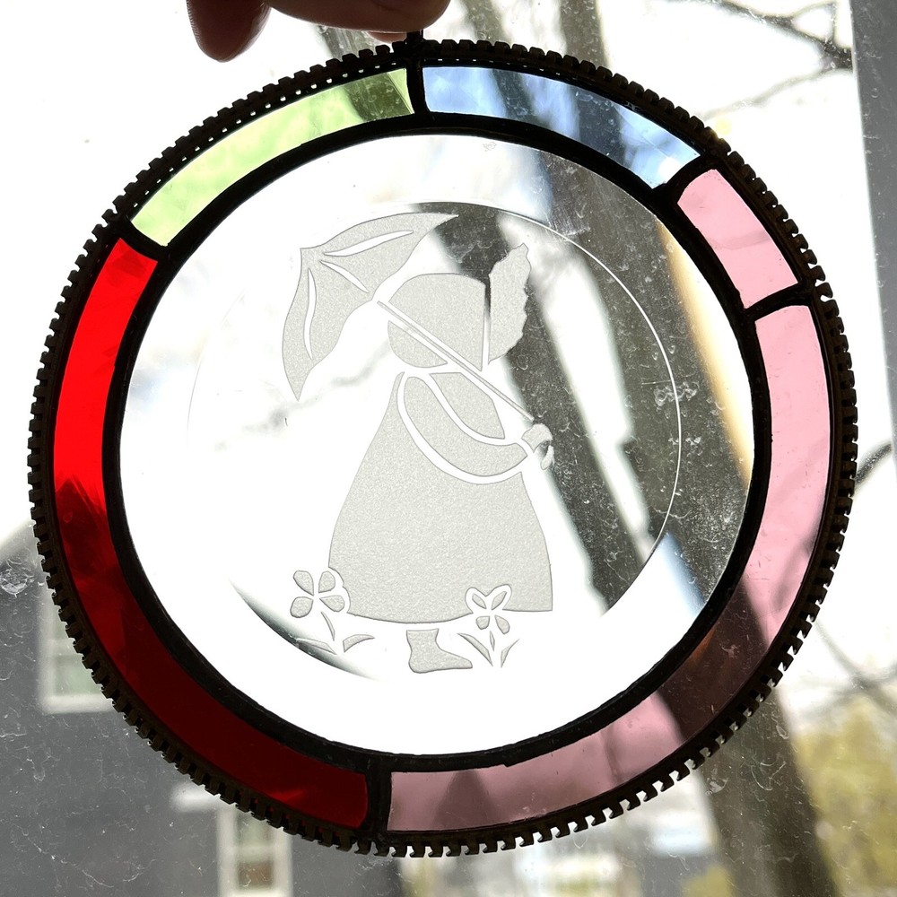 Vintage Suncatcher 5” diameter Glass Brass Detail Etched Girl Unmarked Color