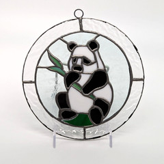 Sun Catcher Panda Bear Eating Bamboo Leaded Stained Glass 7″ Handmade
