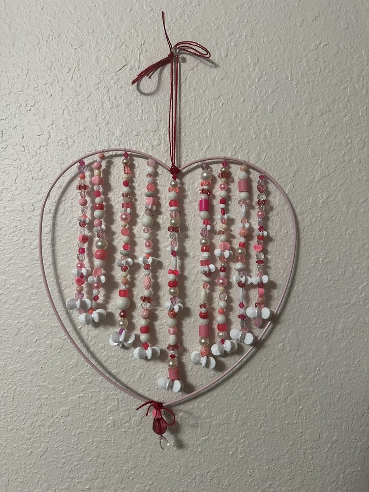 Pink & White Valentines Heart Beaded Suncatcher Wall art or Window Charm Decor