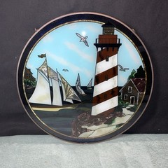 Stained Glass Sun-catcher Light House,Boats & Seagulls Vintage W/ Chain