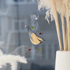 Stained Glass Cedar Waxwing Suncatcher – Bird Lover Gift for Mom or Birthday