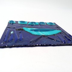 Abstract Blue Bird Fused Glass Art Suncatcher Tile Sculpture OOAK Collectible