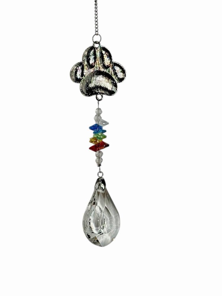 NEW sun catcher crystals rainbow colors hangs 13-15 inches SILVER PAW PRINT