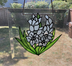 Floral Painted Beveled Glass Sun Catcher Square White Hyacinth Green Leaves 8×8