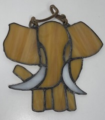 Stained Glass Window Suncatcher Elephant Orange Tan White leather hanger Safari