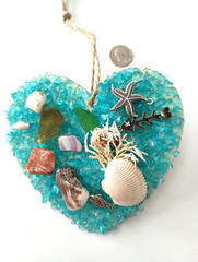 HANDMADE SEASHELL SEA LIFE HEART SHAPE ,GIFT, TILES ,GLASS MOSAIC MOBILE