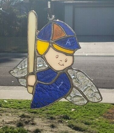 Stained Glass Sun catcher Handmade USA ANGEL, BOY BASEBALL 6 X 6