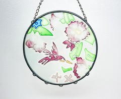 Hand Painted Hummingbird Glass Suncatcher Round Floral Window Hanging 4″