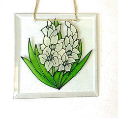 Floral Painted Beveled Glass Sun Catcher Square White Hyacinth Green Leaves 8×8