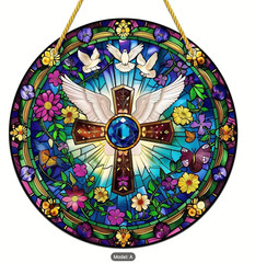 Stunning Acrylic Cross Suncatcher, w/Angel Wings & Doves, Stained Glass Look, 8″