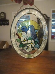 bluebirds Stained Glass hand painted by Joan Baker Designs oval 7×5” with chain