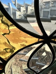 Arts & Crafts Stained Glass Suncatcher Amber Slag Glass 19”