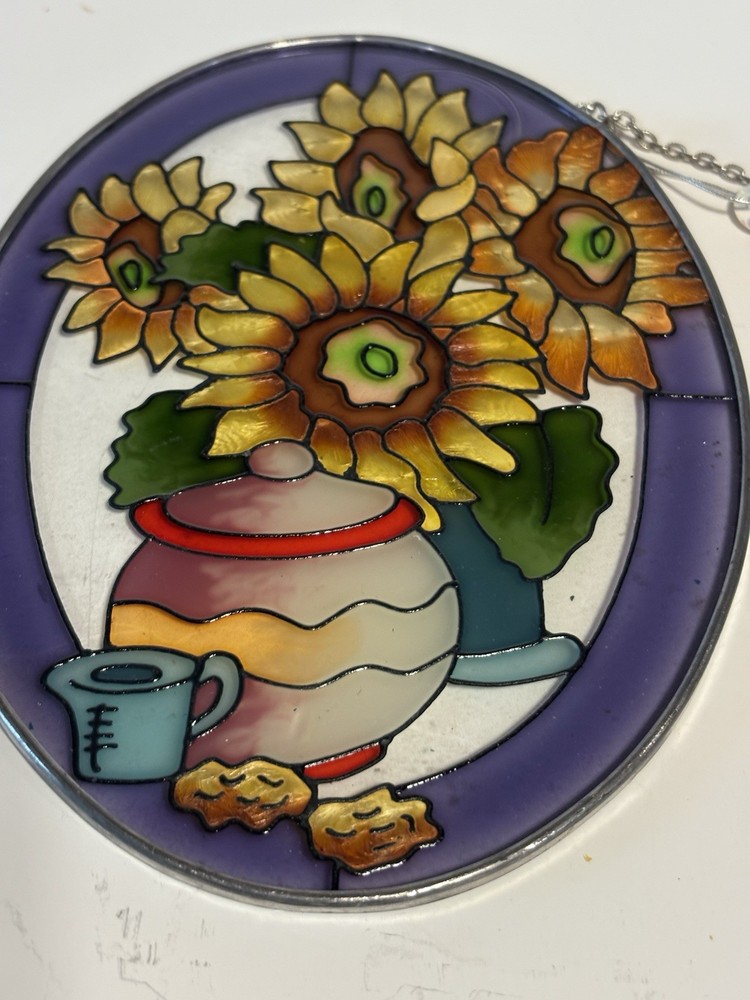 Hand-Painted Stained Glass Sunflower Panel – 7×5” – With Hanging Chain and Tag