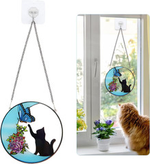 Stained Glass Window Hanging Suncatcher Cat Butterfly on the Moon Suncatcher Dec