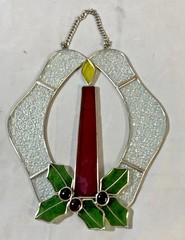 Leaded Stained Glass Christmas Candle Holly Berries Hanging Window Suncatcher