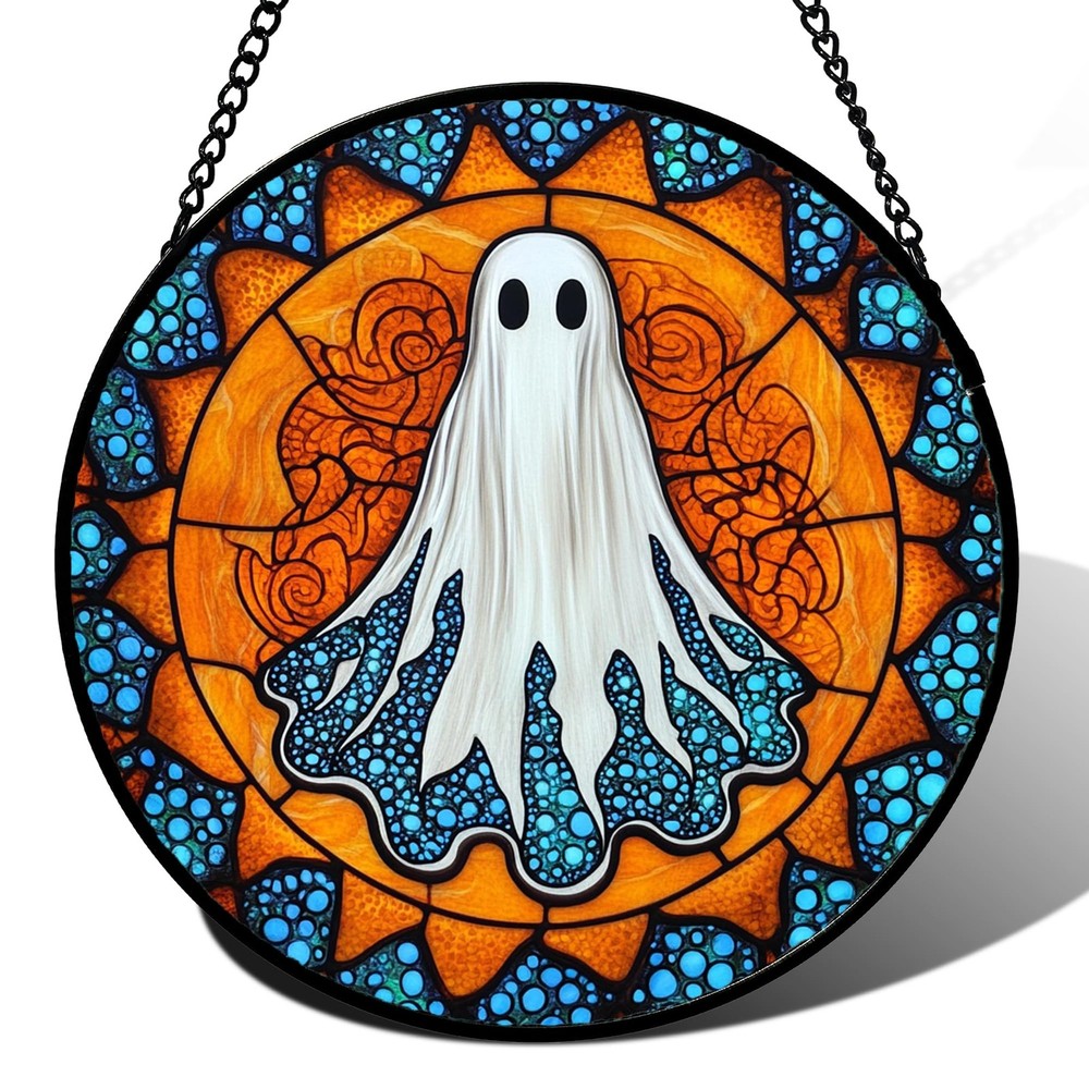 Halloween Ghost Stained Glass Suncatcher Spooky Decor for Doors & Gardens