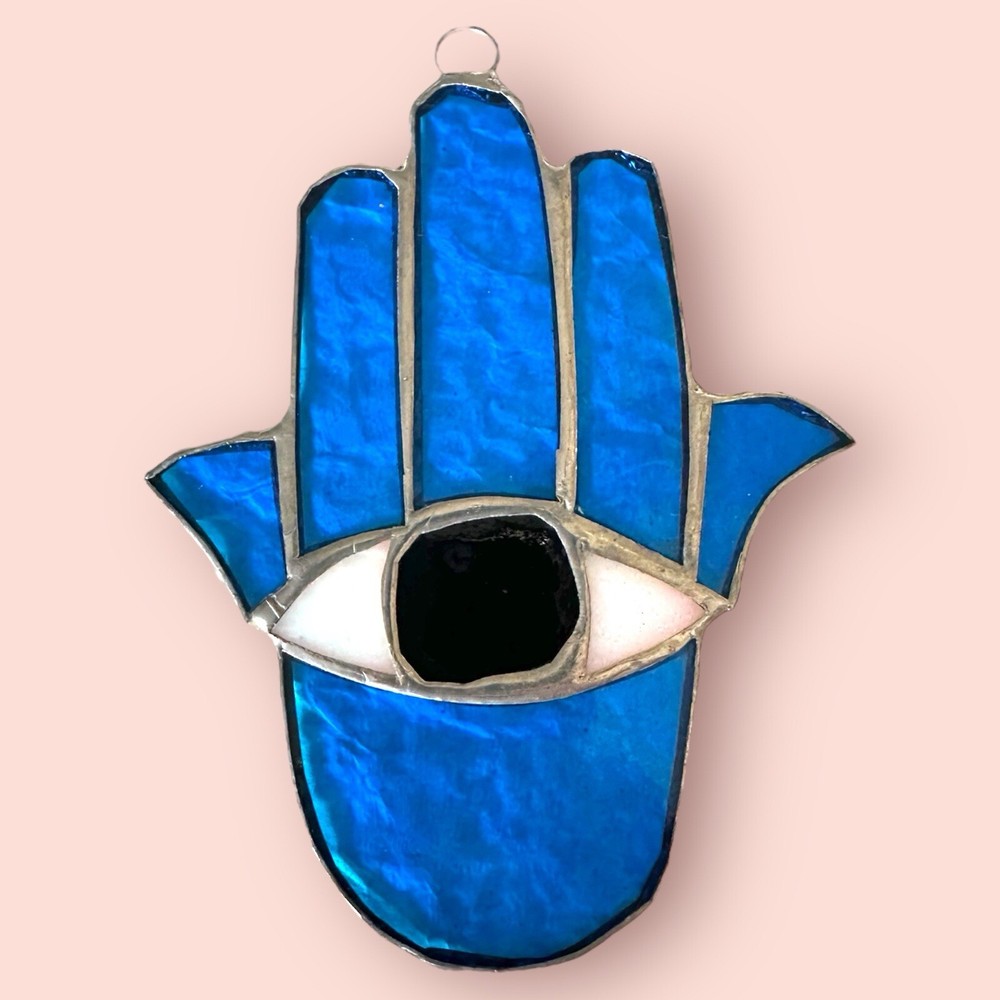 NEW Stained Glass Suncatcher Window Decor Hamsa Fatima Hand 5″ Light Blue