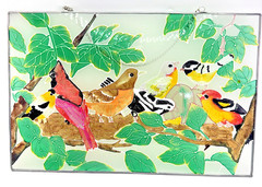 Stained Glass Birds In Nest Tree Hanging Suncatcher Large 16” X 10.5” Wall Decor