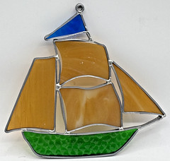 Vintage Stained Glass Sailboat Boat Ship Nautical 7″ x 6-1/2″ Multicolor