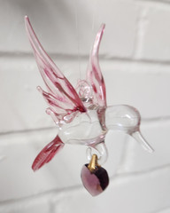 Blown Glass Pink Hummingbird Dangling Purple Crystal Heart Suncatcher Ornament