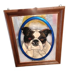 Vintage Wood Framed Stained Glass Bulldog Sun Catcher 17″ Wall Hanging Art