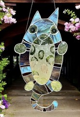 Studio Art Cat Owl Dog Stained Glass XL 27” Decor Signed 2002 Vintage Panel Sun