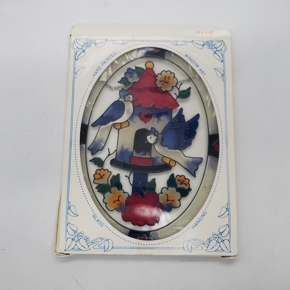 Vtg Joan Baker Stained Two Birds & Birdhouse Hand Painted Suncatcher 6497