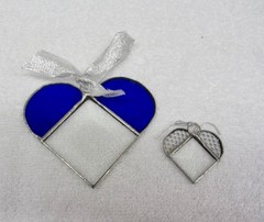 2 Handcrafted Blue & Clear Stained Glass Small HEARTS Stain Glass Textured