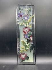 VINTAGE, ART DECO GREEN PAINTED FLORAL GLASS HUMMING BIRDS & FlOWERS 22×7