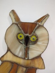 Handcrafted Stained Glass Owl Hook for Hanging. Tans Amber Brown Glass. 10 Inch
