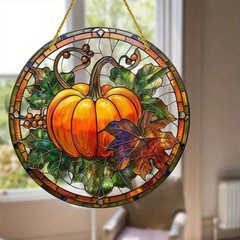 Round Acrylic Suncatcher Pumpkin Maple Leaf Design Window & Wall Hanging