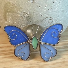 Vintage Handmade Butterfly Suncatcher Blue & Silver With Suction Cup 3″ W x 2.5″