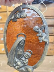 Vtg Amber Textured Glass Metal Mary & Jesus Hanging Suncatcher Window Art Cherub