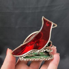 Vintage Leaded Stained Slag Glass Red Cardinal Suncatcher Figurine Glass Art
