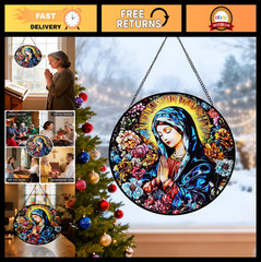 Virgin Mary Stained Glass Suncatcher, 8″ Round Window Decor, Spiritual Gift for