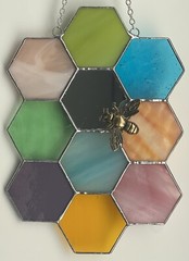 Charming Stained Glass Honeycomb Sun Catcher With Brass Bee Accent.