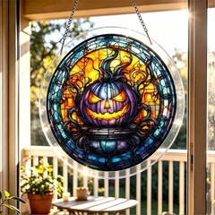 Vintage Spooky Jack O Lantern Mosaic Acrylic Puzzle Suncatcher Wall Decor