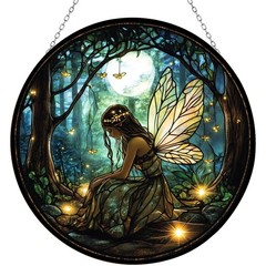 Stained Glass Suncatcher Boho Fairy Fireflies Window Decor 7.8″ Gift Idea