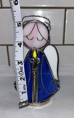 Vintage Stained Glass 5.5″ Blue angle holding candle – sun catcher glass art