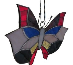 Vintage Handmade Stained Glass Butterfly Suncatcher Red Blue Yellow Black Art