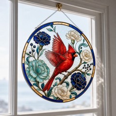 Bird Suncatcher Red Cardinal and Blue Carnation Glass Window Hanging