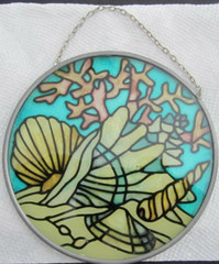 Vtg 1990s Glass Sun Catcher Coral Seashells Beach Joan Baker
